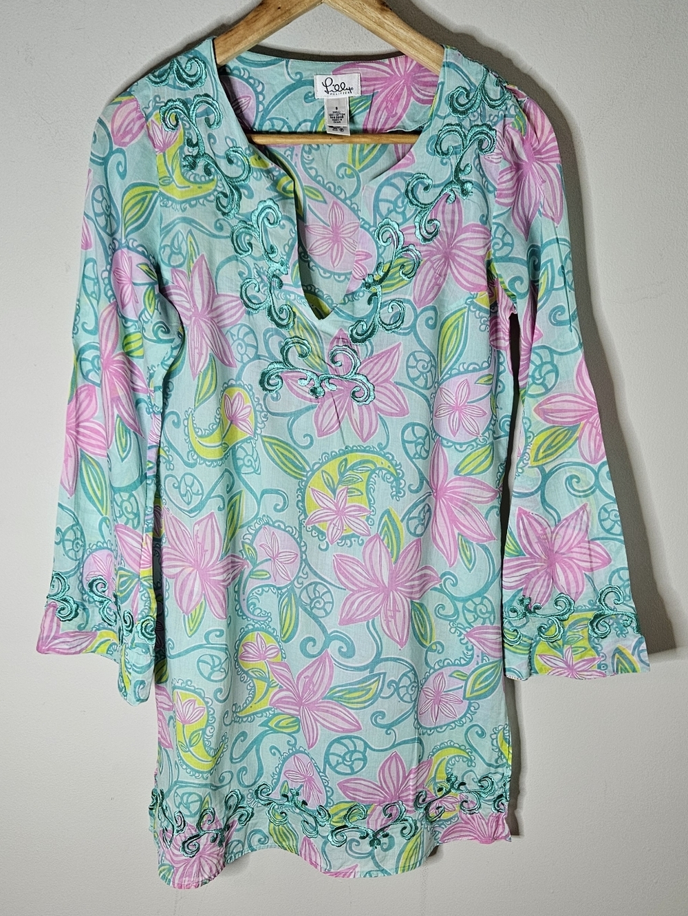 Lilly Pulitzer "Lazy Paisley" Embroidered Tunic Cover-up Dress aqua pink S Small